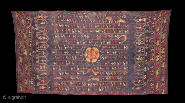 Rare Folk Sainchi Phulkari from East Punjab India District Ferozepur.Rare Design of Phulkari.Condition little bite worn because of age.Its size is W135cm X L245cm.(DSE01405).         