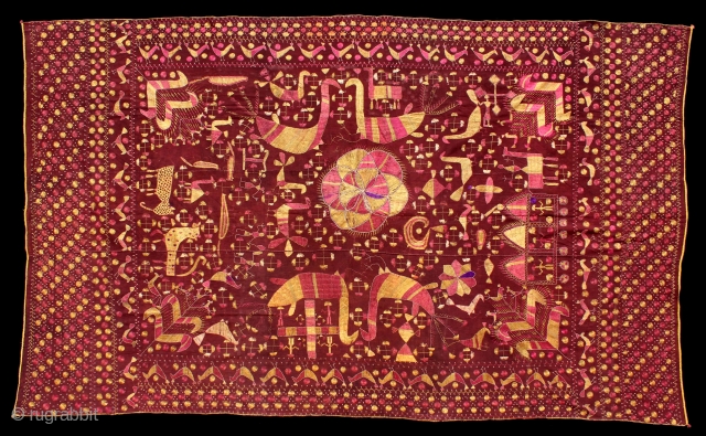 Sainchi Phulkari are mostly Figurative Pieces Narrating the life in the villages of East (Punjab) India.C.1900.Local animals like goats, cows, elephants, big cats, scorpions, peacocks,etc are represented moving in and around the  ...