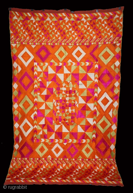 Phulkari From East(Punjab)India Called As Punjabi Bagh.Rare Design.Floss Silk on Hand Spun Cotton khaddar Cloth.Its size is 132cm x 226cm.(DSL03890).             