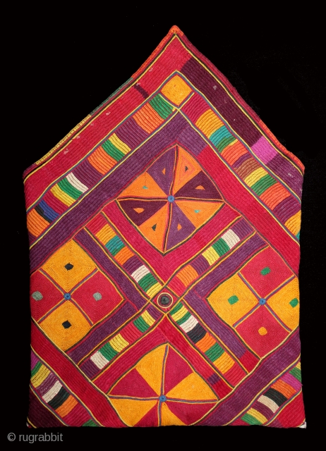 Banjara Dowry(Envelope) Bag From Karnataka,South India.C.1900.Embroidered on cotton.This is a square embroidery that has been folded and sewn to form the bag.This piece is executed in several types of stitches including, chain,  ...