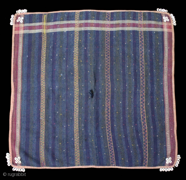 Banjara Square Quilted and Embroidered with Cowrie Shells, From Madhya Pradesh, India.C.1930. Made by the Banjara of the Deccan Plateau.Its size is 92cm X 96cm
(DSLE02580).        