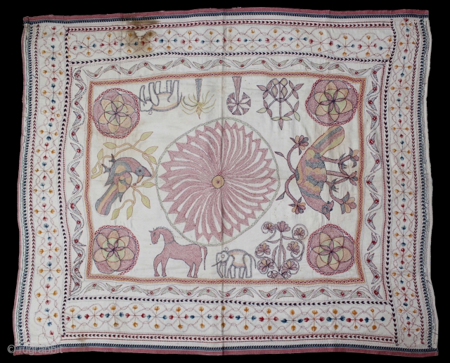 Vintage Kantha embroidery with cotton thread Kantha Probably From East Bengal(Bangladesh)Region India.C.1900.Its size is 96cm x 118cm.(DSL02090).                