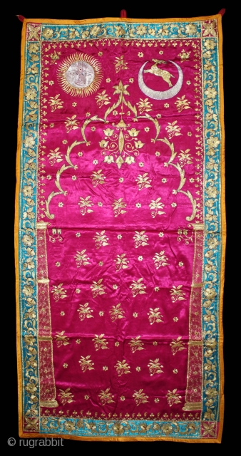 Jain Temple Hanging Aari Zari (Real Silver and Gold) Embroidery On Gajji Silk, From Kutch Gujarat India.C.1930.Its size is 82cm X 170cm.(DSL03320).           