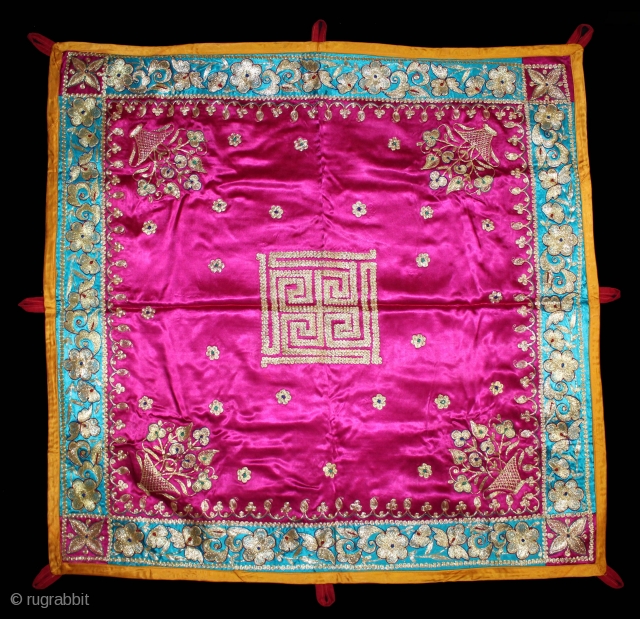 Jain Temple Hanging Aari Zari (Real Silver and Gold) Embroidery On Gajji Silk, From Kutch Gujarat India.C.1930.Its size is 82cm X 84cm.(DSL03410).           