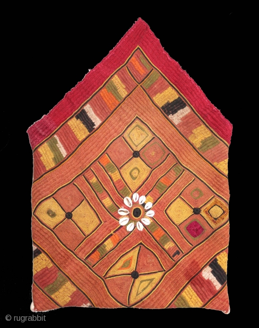 Banjara Dowry(Envelope) Bag From Karnataka,South India.C.1900.Embroidered on cotton.This is a square embroidery that has been folded and sewn to form the bag.This piece is executed in several types of stitches including, chain,  ...