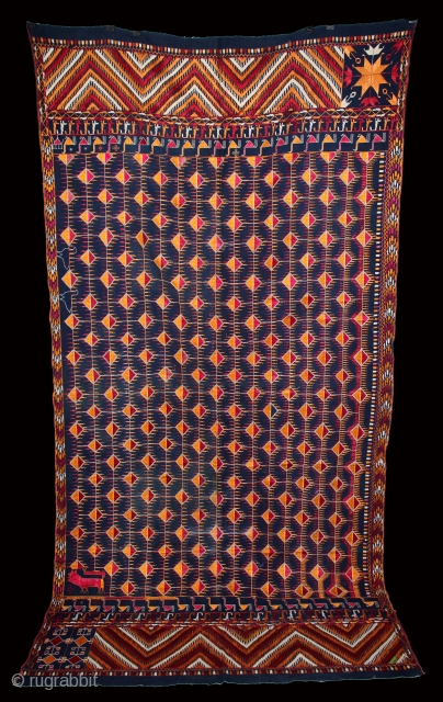 Indigo Phulkari From East(Punjab)India Called As Burfi phulkari.Rare Figure Design.Floss Silk on Hand Spun Cotton khaddar Cloth.Its size is 125cm x 240cm.(DSL04070).           