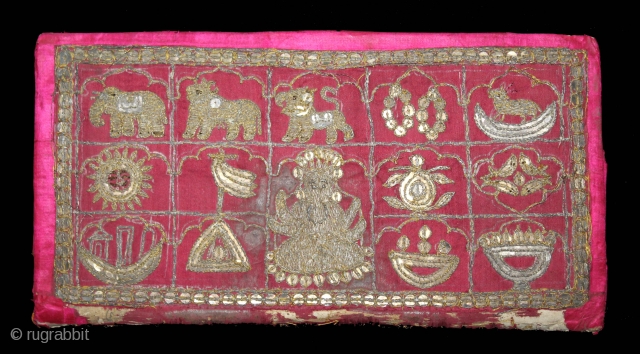 Jain Book Cover on (Silk) Jain Aari Work with Real (Zari) Embroidery From Kutch, Gujarat India.C.1900.Its size is 16cm X 30cm.(DSL03480).            