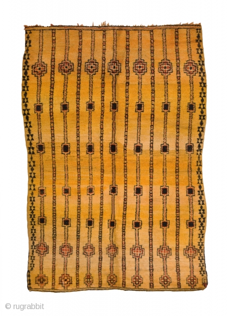 TM 1682, unusual yellow ground + quite fine Zemmour pile rug, north-western foothills of the Middle Atlas, Morocco, mid 20th century, 240 x 165 cm (8' x 5' 6''). 
www.berber-arts.com   