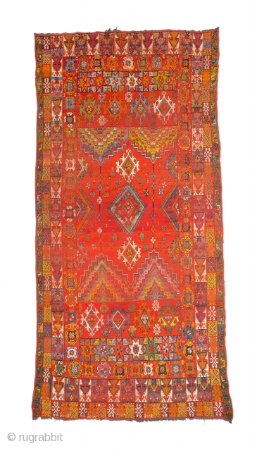 Rabat carpet of very unusual large size, Morocco, late 19th / early 20th century, 500 x 250 cm (16' 4'' x 8' 2''). Fair condition according to age with areas of low  ...