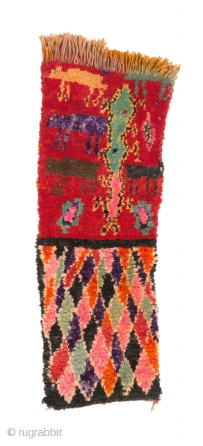 small pillow cover from the Boujad region showing 5 sheep or goats in the upper part, western foothills of the Middle Atlas, Morocco, 1970s, 115 x 40 cm (45,3'' x 15,7''). www.berber-arts.com 