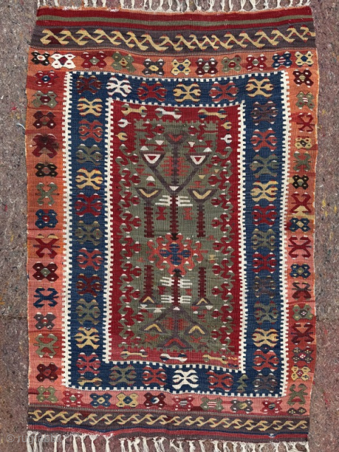 Early 20th century Anatolian kelim. Good condition for its age, good colours. I.60m by 1.10m
Contact gene@heritage-antique-rugs.com for more pics, price etc.            