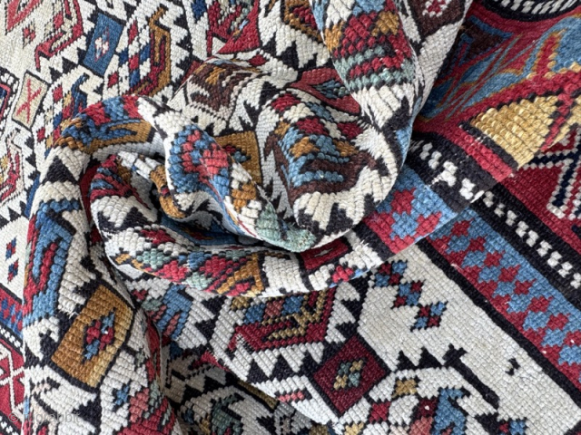 Last quarter 19th century Shirvan prayer rug. Good quality weave, with great saturated colours. Some old repairs, losses to top and bottom.
1.15m by 0.87m
Please note that rugrabbit emailing is not currently functional, ...