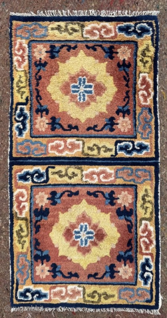 Late 19th Chinese meditation mat pair, Good colour and condition.
1.06m by 0.55m
Contact gene@heritage-antique-rugs.com for more pics, price etc.