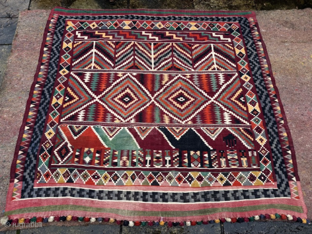 Tunisian Gafsa kelim, mid 20th century, good condition
Bold colours, striking colouring, plus camels...
1.78m by 1.92
Contact gene@heritage-antique-rugs.com for more pics, price etc.            