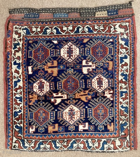 Early 20th century Kamseh bagface. Good colours, full pile, but missing the bottom outer border.
www.heritage-antique-rugs.com for more images and price or email me at gene@heritage-antique-rugs.com        
