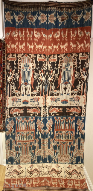 An outstanding example of a man’s shawl from Sumba, approximately 40 to 50 years old.
All the iconic creatures are here, horses, lobsters, crocodiles, people… and skull trees too. What more could you  ...