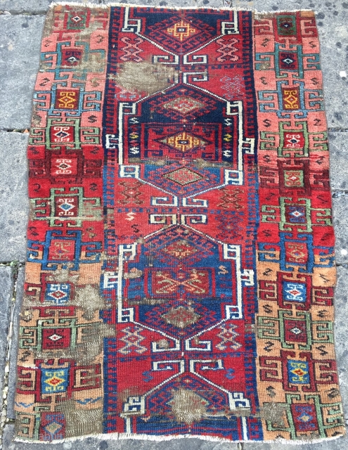 19th century Malatya area yuruk/kurd fragment, fully conserved.
Thick glossy wool in a fantastic range of saturated colours
39in wide by 57in long            