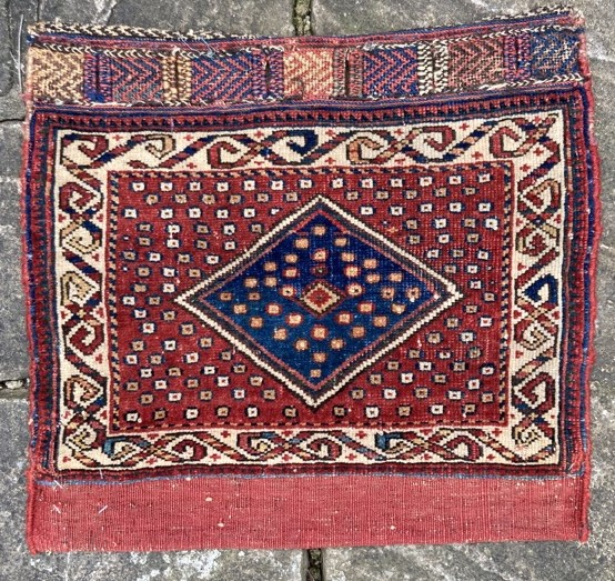 Late 19th century Afshar bag. Good colours, reasonable condition for its age.
44cm by 48cm

Contact gene@heritage-antique-rugs.com for more pics, price etc.             