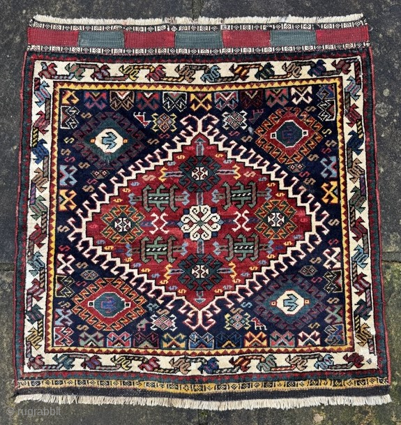 Late 19th century Quashgai bagface, stunning vibrant colours, some old re-weaves
0.69m by 0.68m
Contact gene@heritage-antique-rugs.com for more pics, price etc.              
