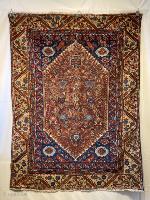 Early 19th centuey Kula rug fragment, missing outer border. Full of old repair.
1.60m by 1.15m
Contact gene@heritage-antique-rugs.com                 