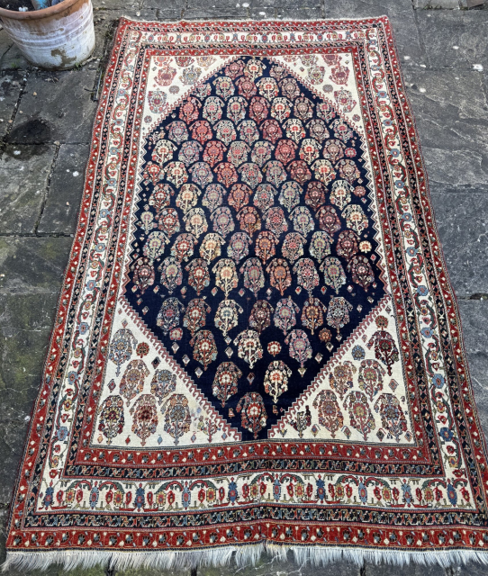 Late 19th century Kashguli rug. Fine weave with a loose handel. Some old repairs and a few small areas of low pile, all reflected in the price.
2.28m by 1.34m

Contact gene@heritage-antique-rugs.com for more  ...