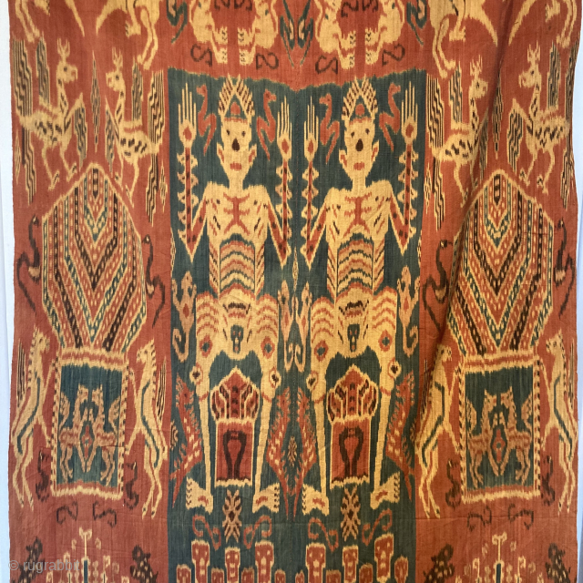 Large and graphicaly striking Sumba hinngi shawl. Good condition
318cm by 113cm
Contact gene@heritage-antique-rugs.com for more pics, price etc.                