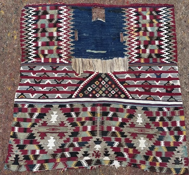 Rare antique Syrian kelim saddle cloth, metal thread
1.09m by 1.04
Contact gene@heritage-antique-rugs.com for more pics, price etc.