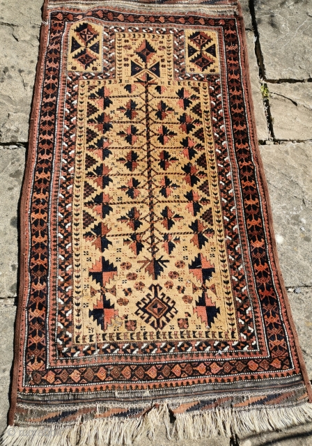 Late 19th century Belouch prayer rug, great design
Re-selvedged. Several small areas of moth damage, condition reflected in the price
28in by 56in            