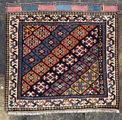Late 19th century Quashgai bagface, fantastic condition, stunning colours, the work of a great weaver.
0.58m by 0.55m
Contact gene@heritage-antique-rugs.com for more pics, price etc.
          