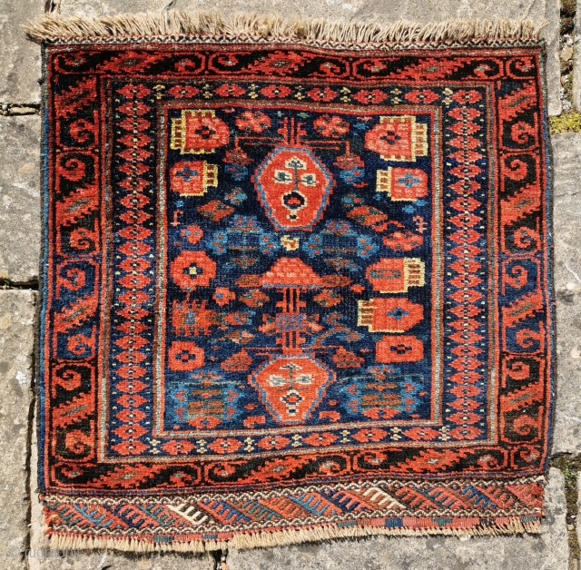 Antique Kurdish bagface, great colours, great condition, with an unusual and animated design
26in by 25in                  