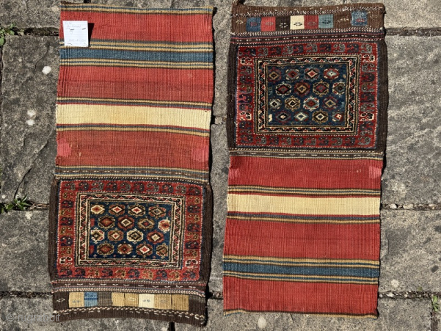 Pair of small antique N.W.Persian bags, in good condition, with interesting backs and non-typical design. a) 81cm/42cm by 42cm, b)82cm/40cm by 42cm
Note samll area of reweave in bag b)
Contact gene@heritage-antique-rugs.com for more ...