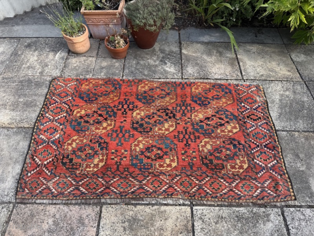 Fragment of a 19th century Ersari main carpet. Great colour with full pile, with some small areas of wear
2.09m by 1.16m
Contact gene@heritage-antique-rugs.com for more pics, price etc
WhatsApp +44 (0)7803341863