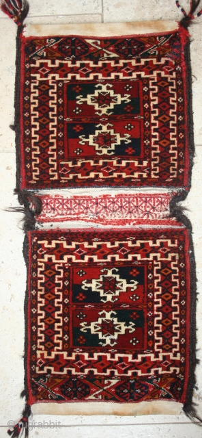 Delightful Tekke chante pair, early 20th century.Very fine weave, not the oldest, but not the most common...No colour run or tipfading, some old "repair" to one corner, and central panel. 10" by  ...