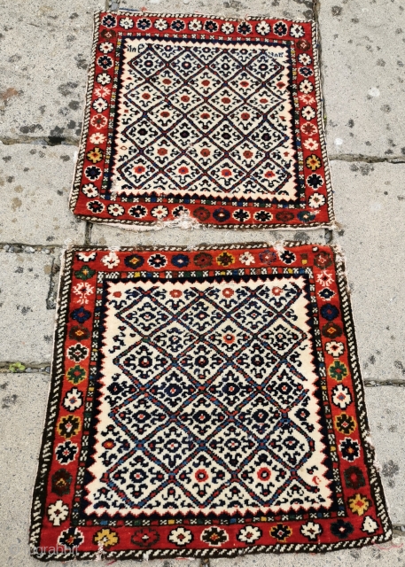 Pair of N.W.Iran/South Caucasian bagfaces, dated
Some condition issues, but lovely colours and graphic appeal
Each 20in by 20in                