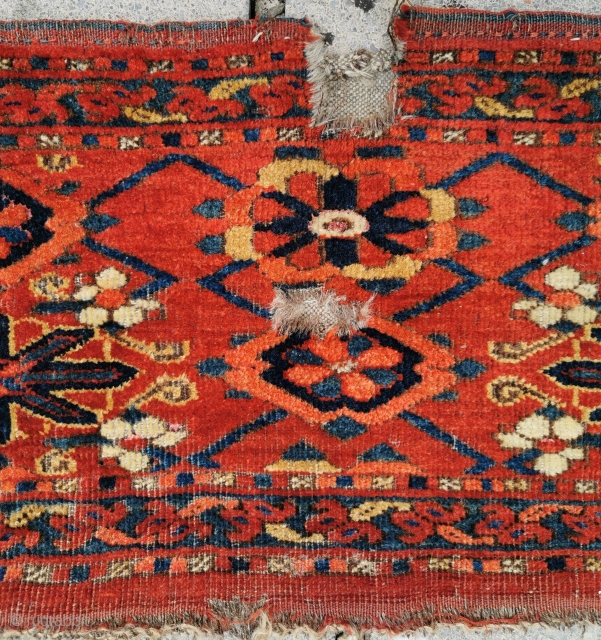 19th century Beshir torba, still has plain weave back.
Showing its age with wear and bits missing, but juicy colours and great design
45in by 13in         