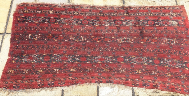 Late 19th century Ersari chuval, soft wool, good colors, but very distressed
90cm by 190cm                   
