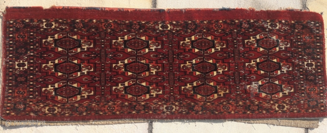 Mid 19th century Tekke torba. An attractive weaving, sadly it had a moth problem in the past, hence now very reasonably priced.
49in by 17in         