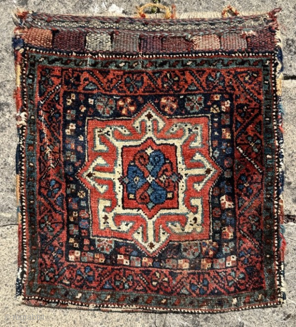Azerbaijan khorjin
Good colours, condition marred by tension crease visible in image
0.48m by 0.44m

Contact gene@heritage-antique-rugs.com for more pics, price etc 
WhatsApp +44 (0)7803341863
           