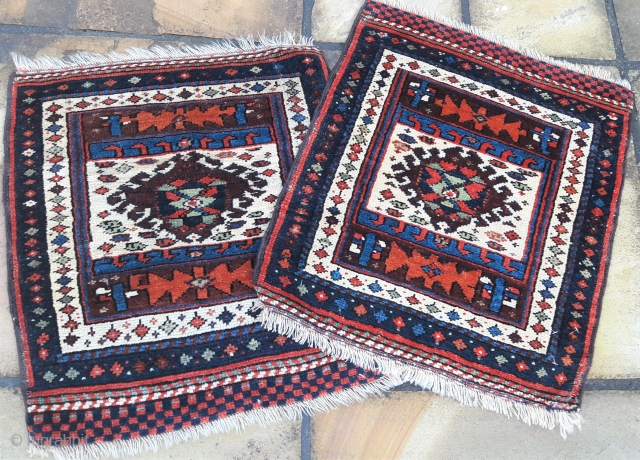 Pair of early 20th century kurdish bagfaces, good colours, full pile
Each 23in by 25in                   