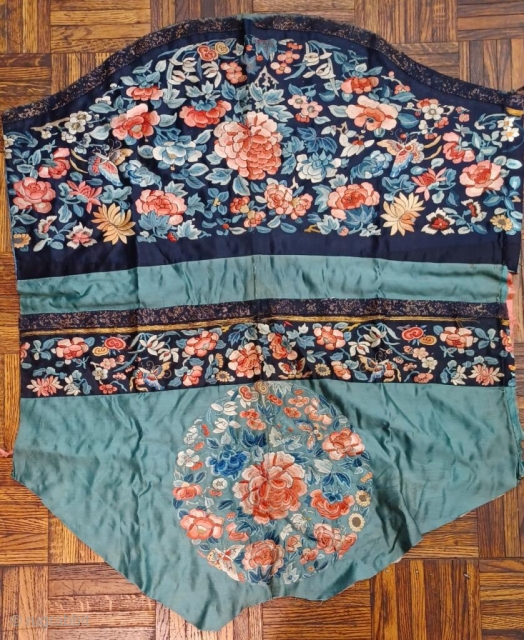 2’5 x 2’11 Chinese Embroidered Panel, Circa 1800, Blossoms and Butterflies embroidered on navy blue and mint green
silk.               