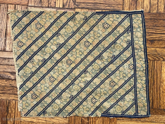 Jileh Per-sian, Jilleh Perzan textile, 13x17” / 33 x 43 cm

Irregularly shaped, but reasonably complete Yazd /Zoroastrian textile, most likely meant for clothing, 

decorated with floral meander within diagonal stripes. Wear commensurate  ...