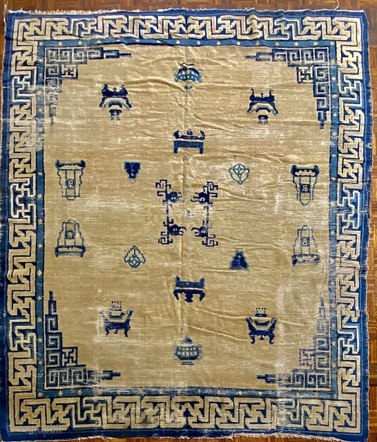 18th Ningshia Carpet, 9’6” x 8’3” / 290 x 251 cm.,

200 yr-old beauty with central medallion of archaic dragons, beautifully drawn Chinese furniture pieces and vases.

Greek-key border. Small areas of repiling at  ...