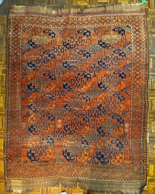 Antique Ersari Carpet, ca. 1870; 6’10 x 8’10” / 178 x 269 cm

Beautiful 19th Century example with strong madder reds and different

shades of teal, green, and mint. 18 quartered guls with clubs,  ...