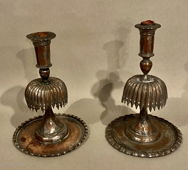 Two Tinned-Copper Candlesticks, ca. 18th Century CE or earlier;

Height # 1: 12 1/4” // 31 cm; width at base: 8 1/4” // 21 cm

Height # 2: 11 1/2” // 29 cm; width  ...