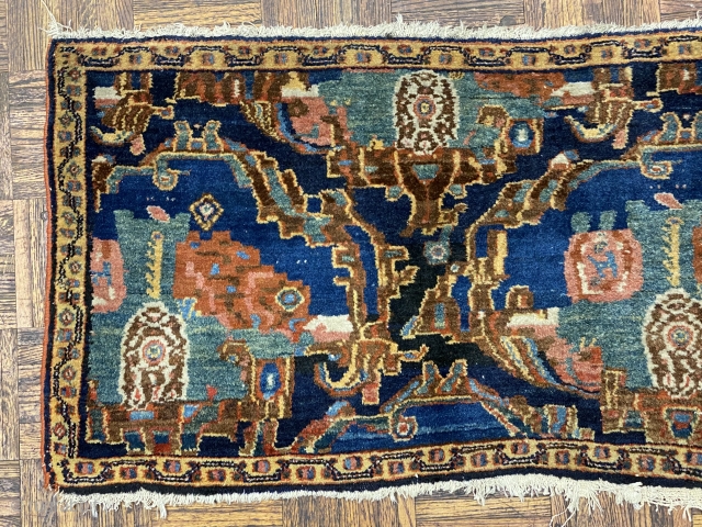 Antique Malayer Mat, ca. 1890; 1’9” x 2’8”/ 53 x 81 cm

Expansive renderings of the floral Gul-Ferengi motif.  Beautiful saturated colors: mint green, medium blue,

madder rust red, milk chocolate, ivory white  ...