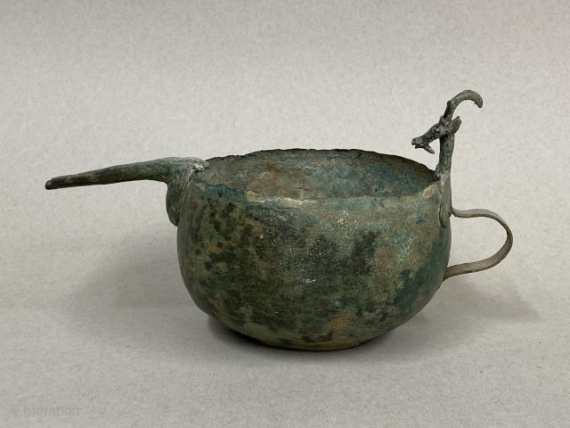 Antique Luristan Bronze Ewer, ca. 1200-800 BCE,

Diameter: 6 1/8” // 15.6 cm

Height: 4” // 10.1 cm

Diam. Opening: 5 1/2” // 14 cm

Diam. Base:  3 1/8” // 7.7 cm

~ 3000 year old  ...