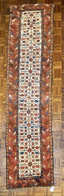 Important Kurdish Runner/ Long Rug, ca. 18th Century, or earlier; 2’8” x 10’8” // 81.3 x 325 cm

Woven in jewel-like natural colors characteristic of the finest Kurdish weaving, the field is sinuously  ...