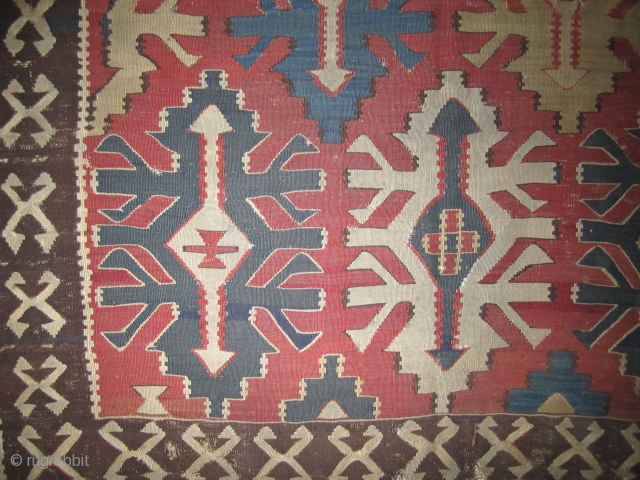 Caucasian Kilim.....Kuba.....most probably well before 1850.....4'8" x 8'....
 (143cm x 245cm )the unusual size ....salt and pepper warps...floppy handle and the limited color palette are some of the reasons I think this  ...