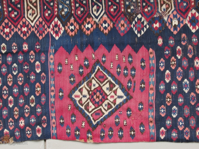 Lake Van kilim....Northeast Anatolia ( Kurdish ? )....complete 1/2.....late 19th C.....2'6" x 7'6" (75 x 220cm )...wool on wool with cotton-wrapped silver thread....natural dyes except faded orange....fine weave with floppy handle......condition as  ...