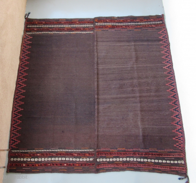 Balouch Kilim Sofra.....circa 1930....2-pieces joined....5'9" x 5'9" ( 175 x 175 cm )...mixed weaving techniques...all wool...vegetal dyes / very small amounts of analine orange and fuchsine in the end panels.... excellent condition  ...
